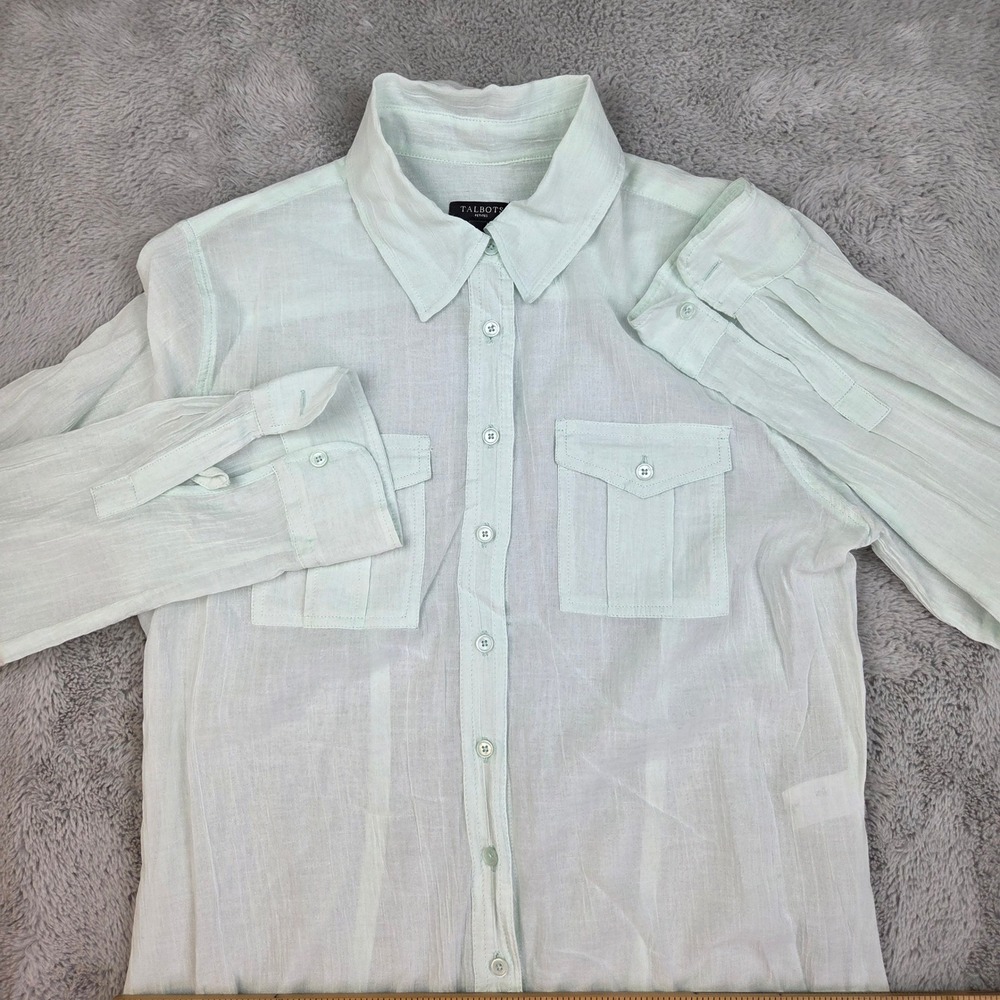 Talbots Button Down Shirt Womens 8P Roll Tab Pockets Cotton Mint Green Top 79ch